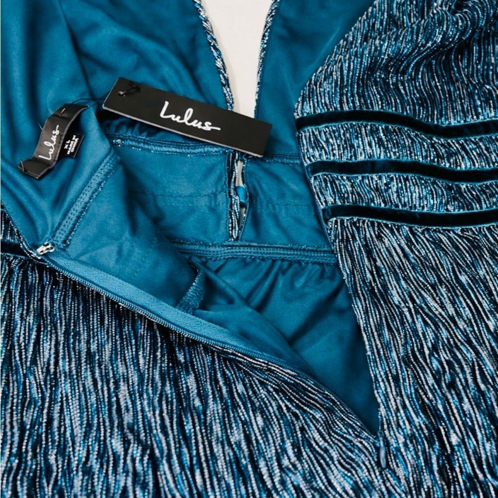 Lulus NWT Teal Metallic Pleated V-Neck Empire Waist Party Dress XL - Picture 8 of 12
